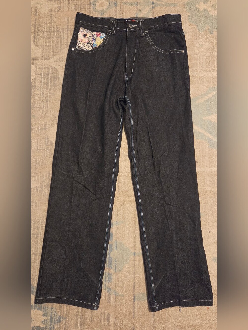 Y2K Lot 29 Luxe Baggy Embroidered Jeans Black Denim. Size 34